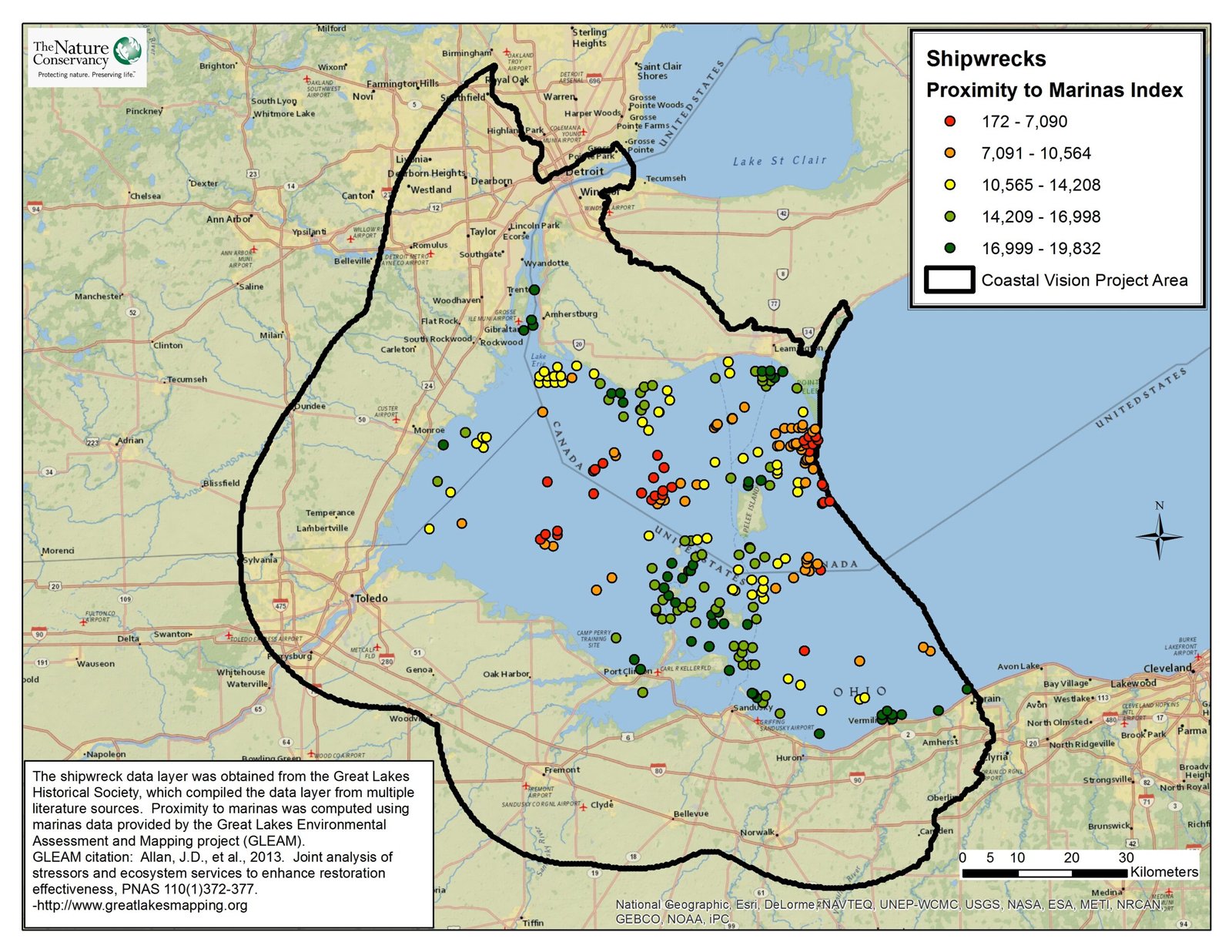 Shipwreck dive sites data layer
This data layer shows shipwreck locations in relation to marinas throughout the Western Lake Erie Basin (WLEB). In the analysis, the shipwrecks included in this layer were valued according to their proximity to marinas, with the assumption that wrecks closest to marinas will have the greatest value to local economies. The shipwreck data layer was obtained from the Great Lakes Historical Society, which compiled the data layer from multiple literature sources (received . The marinas layer was compiled by the Great Lakes Environmental Assessment and Mapping Project (GLEAM) and used for the valuation of individual shipwrecks.