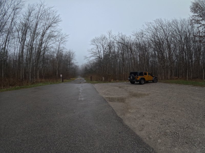 Parking area on Williamsburg-Bantam Road to access East Fork State Park Trail to the arches and lake.