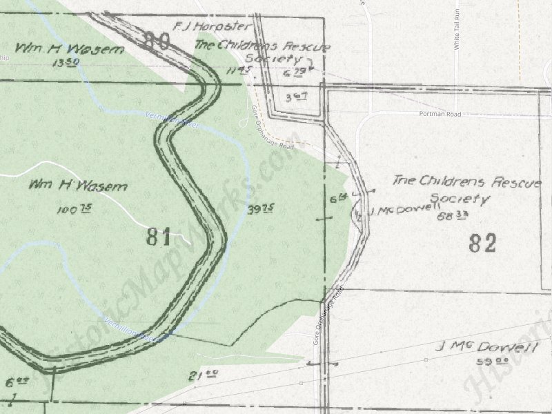 Overlay map from 1912 showing the area of "Gore Orphanage"