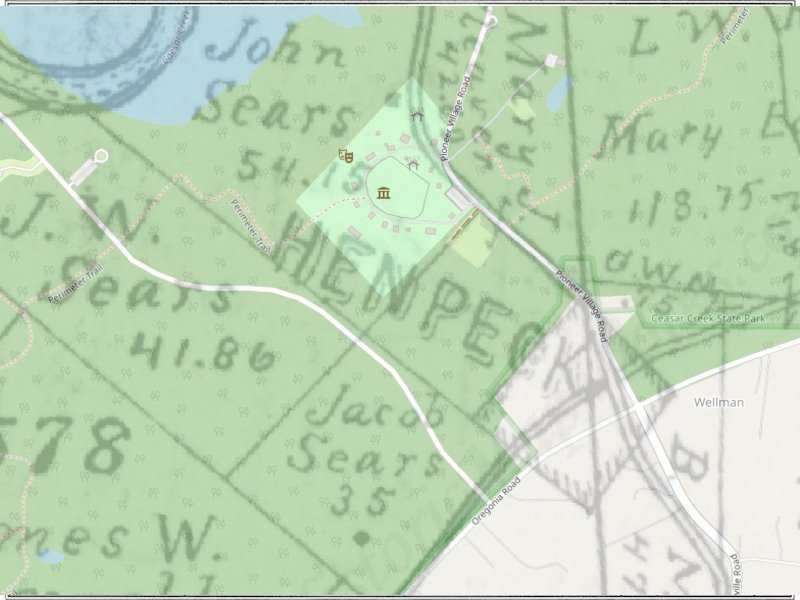 An overlay map ( 1891 Warren County Atlas) and today, showing the town of Henpeck and the park Pioneer Village.