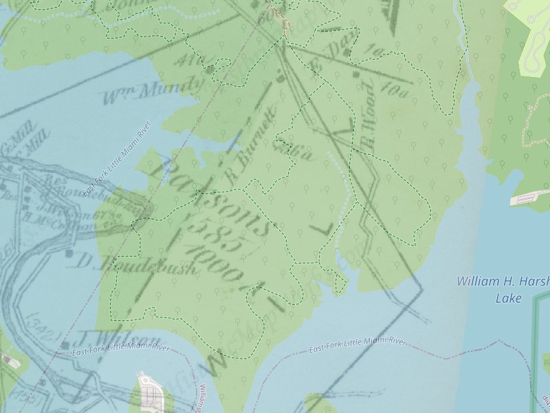 Map overlay, then and now, Old Gold Mine Area at East Fork State Park.